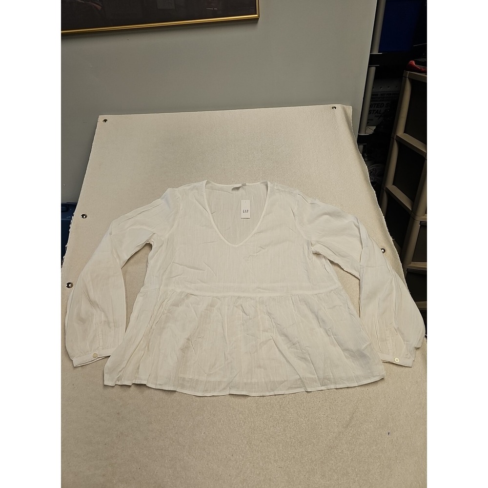 Gap Womens Blouse Boho Minimalist White Long Sleeve  V‎ Neck Large New